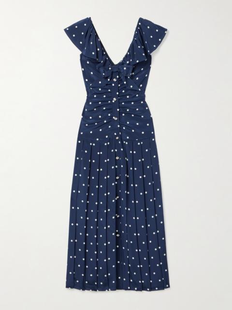 Alessandra Rich Pleated Gathered Polka-dot Silk Crepe De Chine Midi Dress
