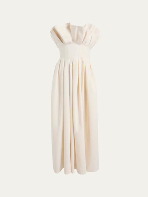 KHAITE Claude Pleated Ruffle Strapless Midi Dress