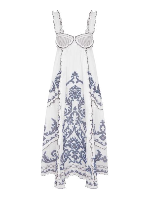 ALÉMAIS Hazel Smocked Embroidered Midi Dress