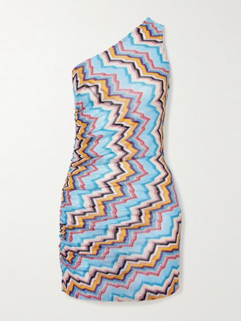 Missoni One-shoulder Gathered Metallic Striped Crochet-knit Mini Dress