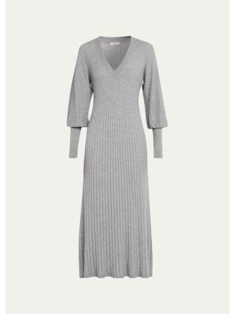 Brunello Cucinelli Sparkle Cashmere Rib Long-Sleeve Midi Dress