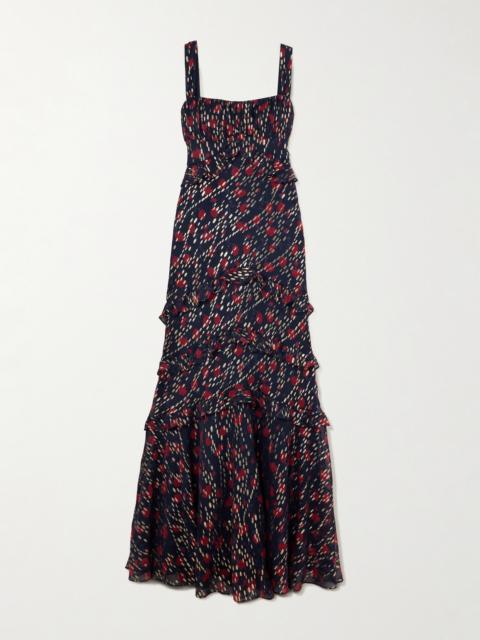 SALONI Chandra Ruffled Ruched Metallic Fil Coupé Silk-blend Maxi Dress