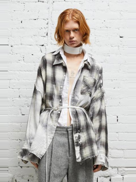 R13 SHREDDED SEAM DROP NECK SHIRT - BLEACHED GREY PLAID