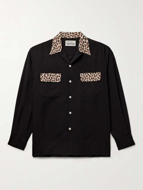 Convertible-Collar Leopard Print-Trimmed TENCEL™ Lyocell Shirt