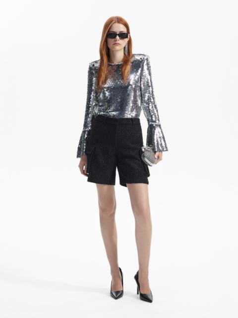 self-portrait Silver Sequin Flared Sleeve Top