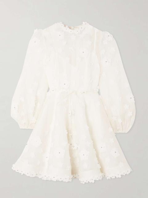 Matchmaker Liftoff embellished appliquéd linen and silk-blend mini dress