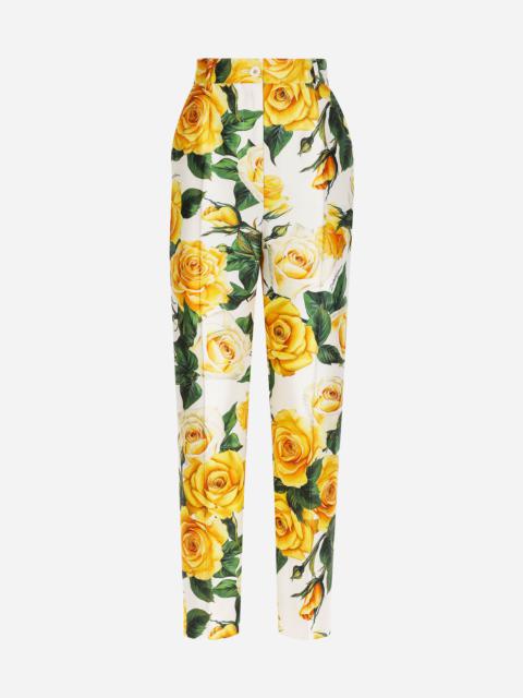 High-waisted mikado pants with yellow rose print
