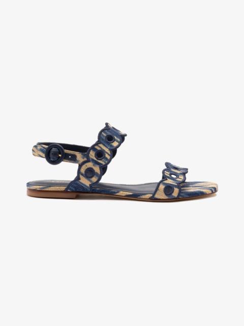 Larroudé Florence Broderie Flat Sandal In Tie Dye Beige and Navy Raffia
