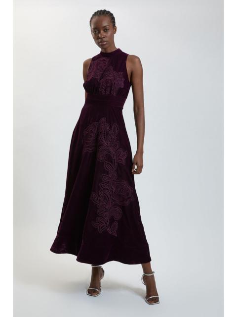 KAREN MILLEN Velvet Embroidered Cutwork Sleeveless Midi Dress