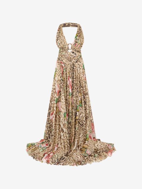 Roberto Cavalli Jaguar Roses Print Silk Dress