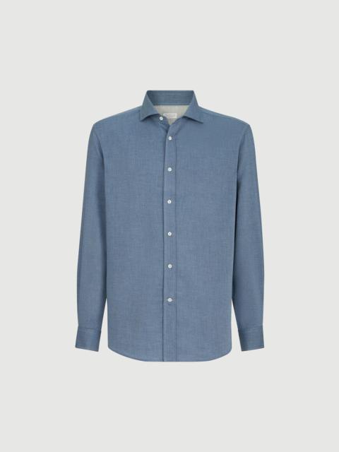 Brunello Cucinelli Cotton and cashmere denim-effect diagonal shirt with spread collar