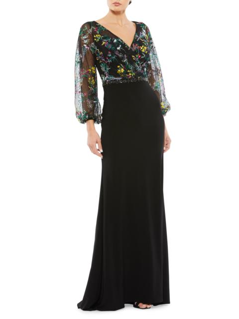 MAC DUGGAL Women's Embroidered Puff-Sleeve Gown - Black Multi