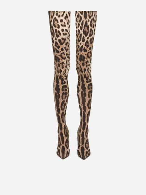 Leopard-print stretch fabric thigh-high boots