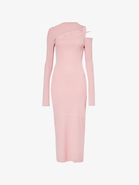 Bow-Embellished Cut-Out Ribbed-Knit Midi Dress