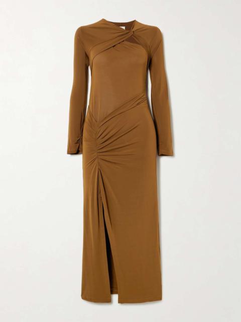 Evelina asymmetric knotted stretch-jersey midi dress Brown