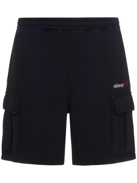 Stüssy Sports cargo shorts in black cotton with contrasting logo embroidery on the left leg.