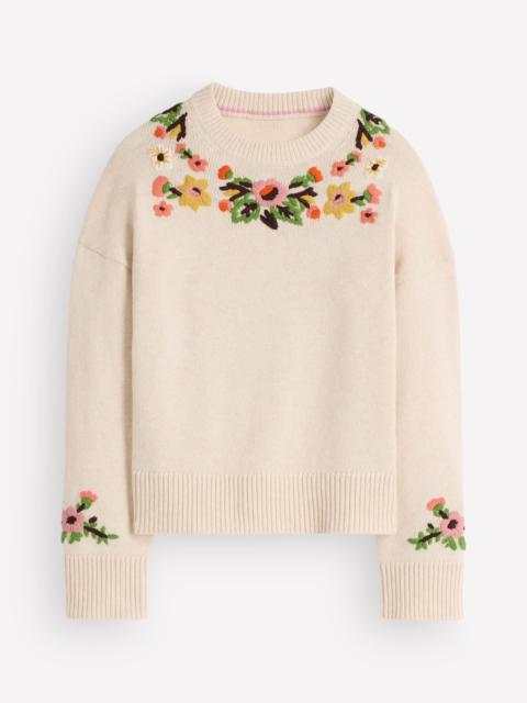 BODEN Ella Embroidered Knit Sweater-Ivory Embroidery
