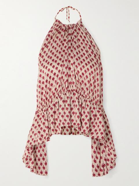 LIBEROWE Dhalia Gathered Printed Satin Halterneck Peplum Top