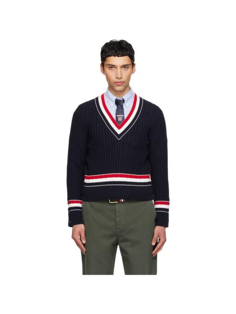 Thom Browne Navy Cable V Neck Sweater