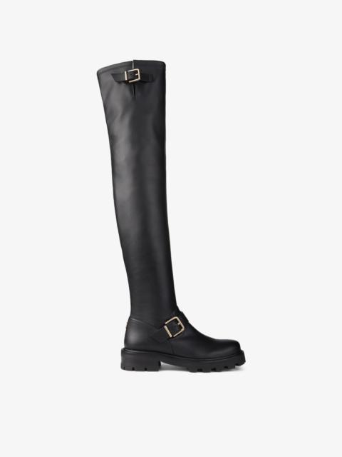 Biker II OTK Flat
Black Stretch Bonded Fabric Knee-High Biker Boots