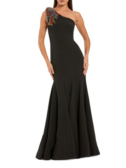 MAC DUGGAL Women's One-Shoulder Beaded Crepe Mermaid Gown - Black Multi