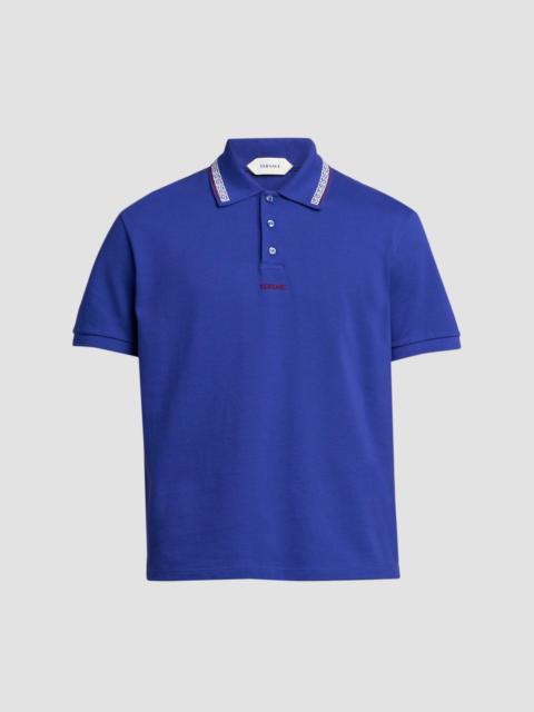 VERSACE Men's Greca Embroidered Cotton Polo Shirt - Bright Ink Blue
