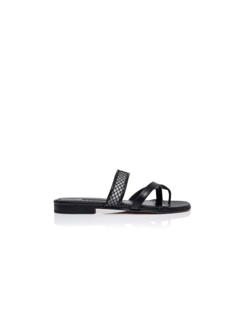 Manolo Blahnik Black Nappa Leather Flat Sandals