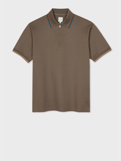 Dark Taupe Cotton 'Signature Stripe' Trim Polo Shirt