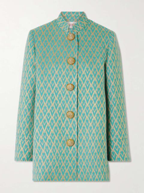 Crystal-embellished metallic wool-blend jacquard jacket Blue