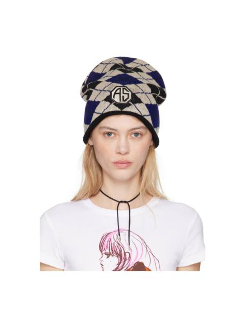 ANNA SUI Blue & Beige Argyle Patch Beanie