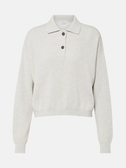 Ribbed-knit cotton polo sweater