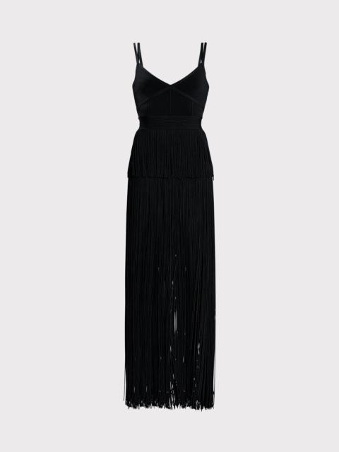 HERVE LEGER STRAPPY OTTOMAN FRINGE GOWN