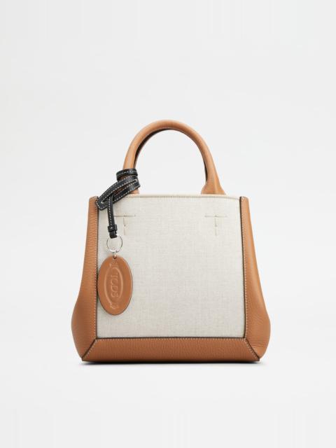 Tod's TOD'S DOUBLE UP SHOPPING BAG IN LEATHER AND CANVAS SMALL - BROWN, OFF WHITE