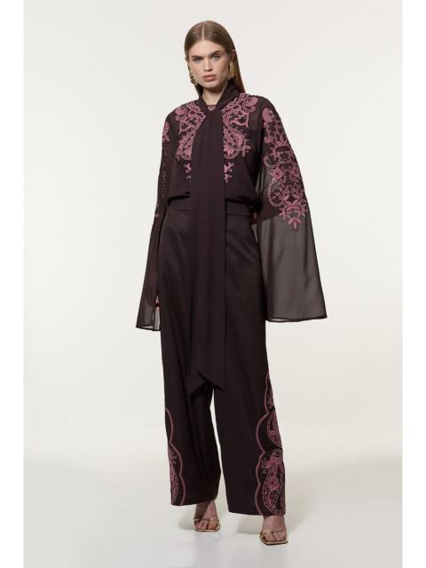 KAREN MILLEN Tall Cutwork Beaded Twill Wide Leg Woven Trouser