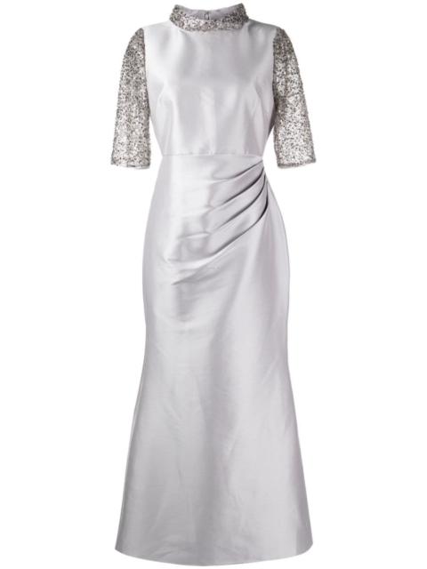 BADGLEY MISCHKA beaded pleated crepe gown