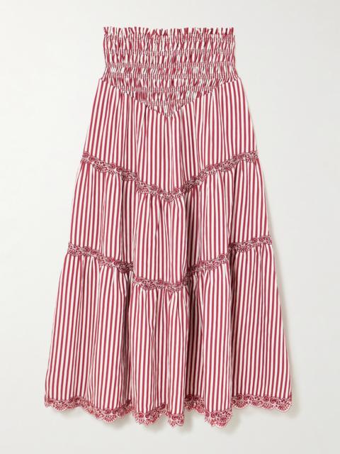 LORETTA CAPONI Ninfa Shirred Corded Lace-trimmed Striped Satin Maxi Skirt
