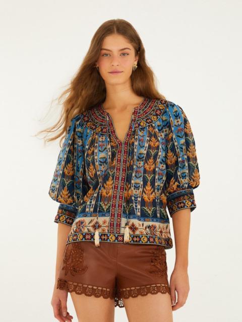 FARM RIO Blue Embroidered Tapestry Tassels Puff Sleeve Blouse