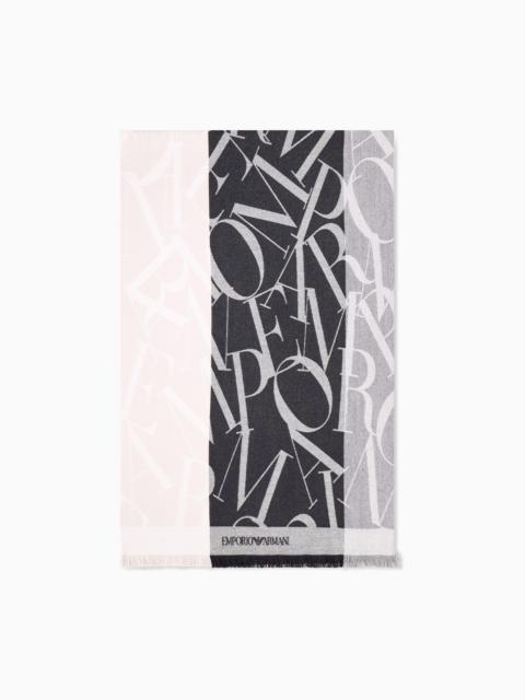 EMPORIO ARMANI JACQUARD LOGO STOLE IN WOOL AND CASHMERE WITH FRINGED EDGES