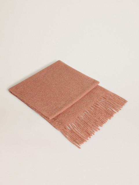 Golden Goose Powder pink wool scarf with fringe and ‘Golden’ lettering