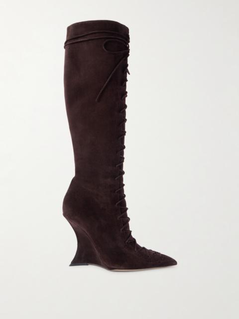 PARIS TEXAS Nina Suede Lace-up Wedge Knee Boots