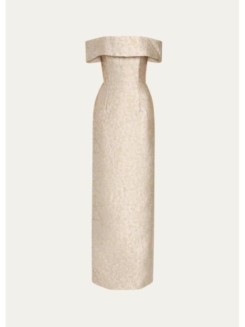 markarian Clover Metallic Floral Jacquard Off-The-Shoulder Column Gown