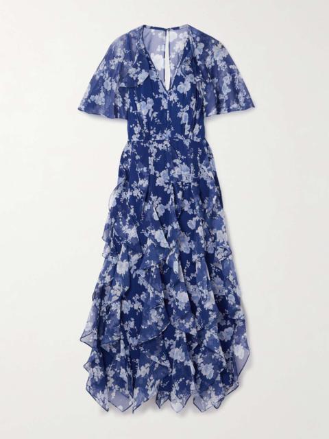CAROLINA HERRERA Cape-effect ruffled floral-print silk-crepon midi dress Bright blue
