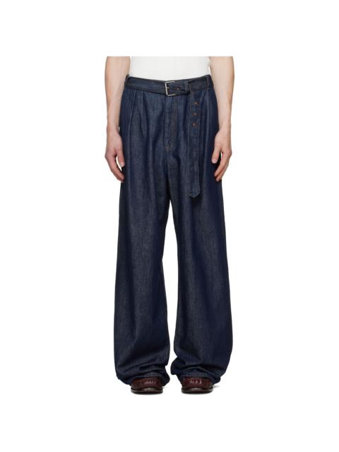 Dries Van Noten Navy Belted Pleat Jeans