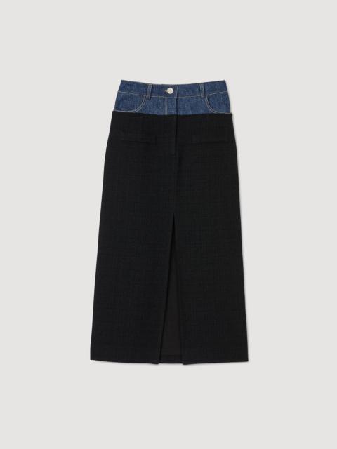 Sandro DUAL-MATERIAL DENIM AND TWEED SKIRT