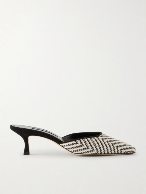 Manolo Blahnik Carolyne 50 Suede-trimmed Metallic Woven Raffia Mules