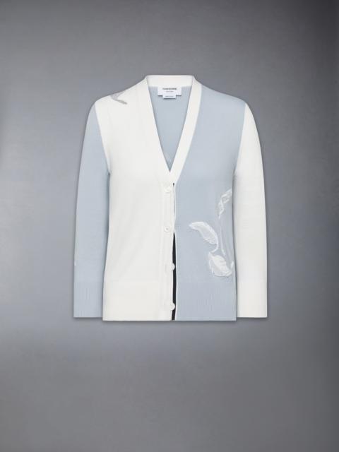 Thom Browne FUNMIX FEATHER INTARSIA POINTELLE RELAXED FIT V NECK CARDIGAN