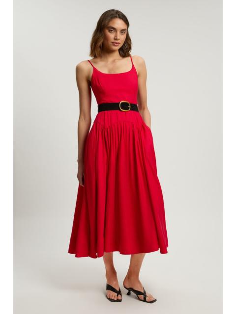 KAREN MILLEN Petite Viscose Linen Belted Drop Waist Woven Midi Dress