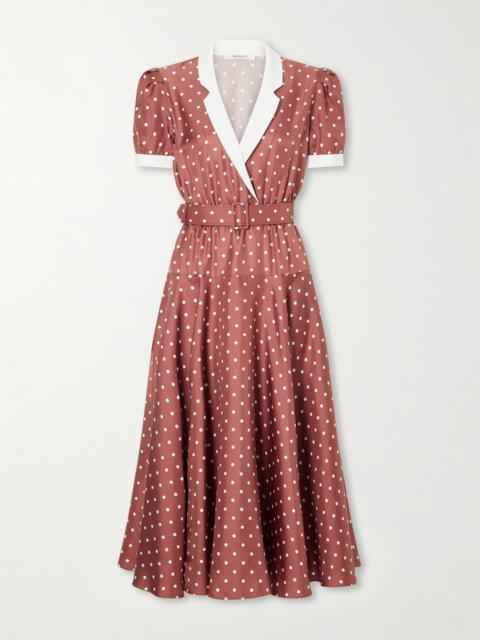 RODARTE Belted Pleated Polka-dot Crepe-trimmed Silk-twill Midi Dress