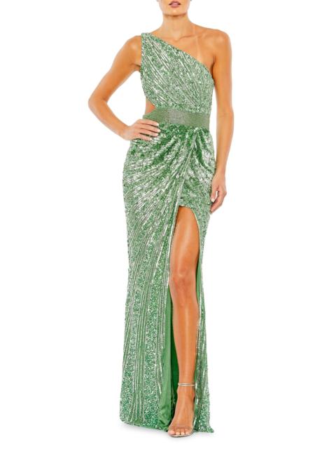 MAC DUGGAL Women's Sequined One-Shoulder Lace-Up Gown - Sage