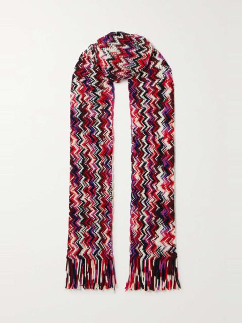 Fringed striped crochet-knit wool scarf
